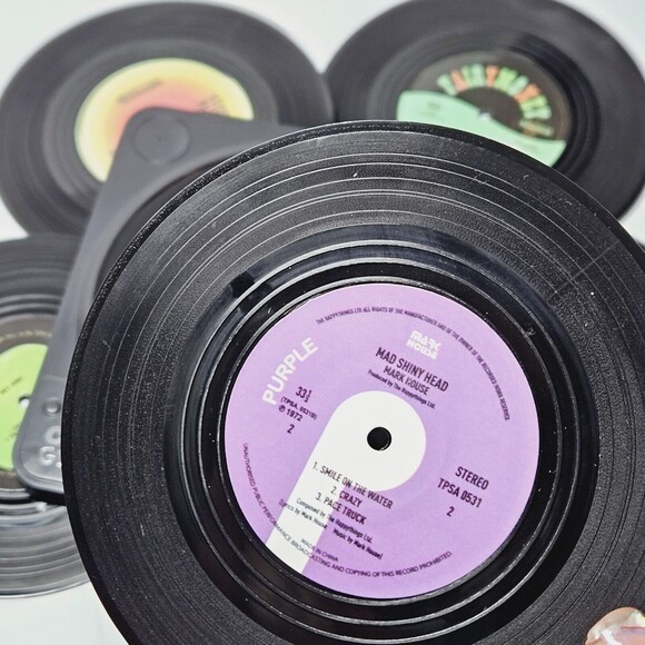 Retro / Vintage Vinyl Record Style Coasters Drink Mats Bar Set Discs With Holder - Picture 7 of 14